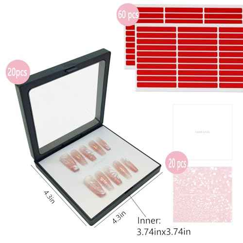 Press On Nail Packaging Boxes - 3D Floating Storage and Display Box With 60pcs Double Sided Adhesive Tape for Nail Tech (Black, 4.3 Inch)