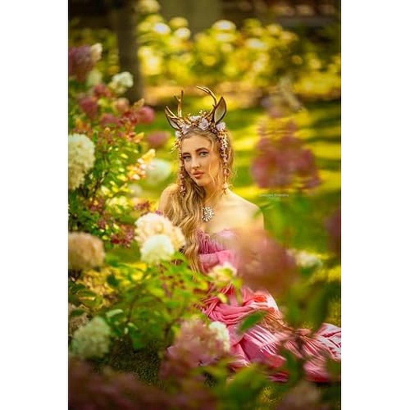 MOSTORY Handmade Gold Flower Antler Headband - Woodland Floral Reindeer Headpiece with Deer Ears Forest Fairy Hairband for Women Girls Renaissance Halloween Cosplay Party Prom Photo Props Pink Rose