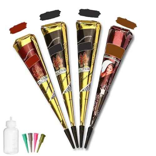 Temporary Tattoo kit£¬4Pcs Tattoo Cones,100% Natural Ready to Use Black Tattoo Paste, India Body DIY Art Painting for Women Men Kids with 20 Adhesive Stencils, 1 Bottle, 4Nozzles