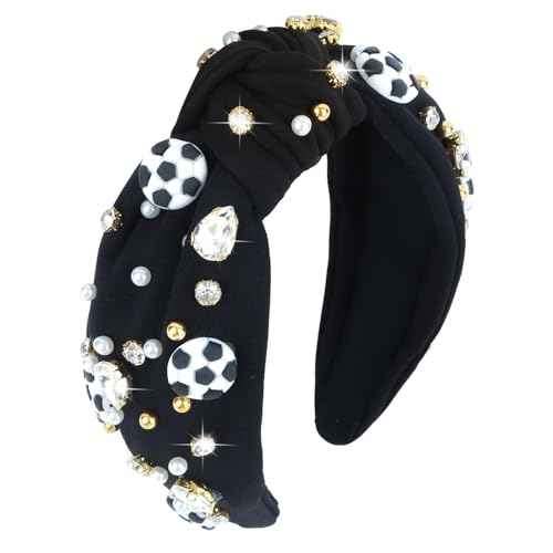 YARIEW Jeweled Knotted Headband - Wide Top Knot Headband for Girls, Sports Fan Mom, Game Day Accessories, Christmas Gifts (Black)