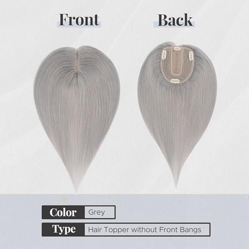 Human Hair Topper for Women with Thinning Hair, 4 Clips, Silk Base 3.94x4.72, No Front Bangs, 10 Inches Lengths, Grey Color, Achieve a Fuller, More Youthful Appearance