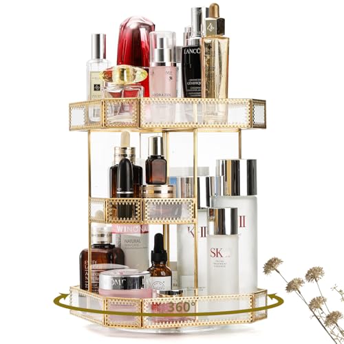 ZOOFOX 360 Degree Rotating Glass Makeup Organizer, Large Cosmetics Storage Display Holder with Gold Trim for Vanity, Clear Makeup Carousel for Perfume, Cosmetics, Brushes, Lotion, Lipsticks