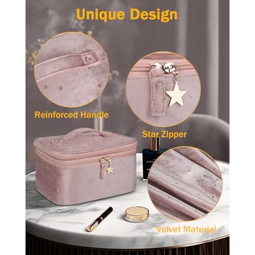 Wedama Makeup Bag Gift for Women, Double-layer Cosmetic Bag with Jewelry Storage and Brush Holder 3 Pcs Velvet Makeup Organizer Bag Gift Set Travel Toiletry Bag for Women Girls, Pink