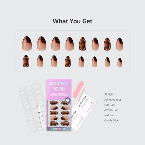 BTArtbox Press On Nails Almond - Amber Hoops, Tortoise Shell Short French Tip Press On Nails with Glue and Adhesive Tabs for Women, Soft Gel Glue On Nails in 16 Sizes - 32 Stick On Nails Kit
