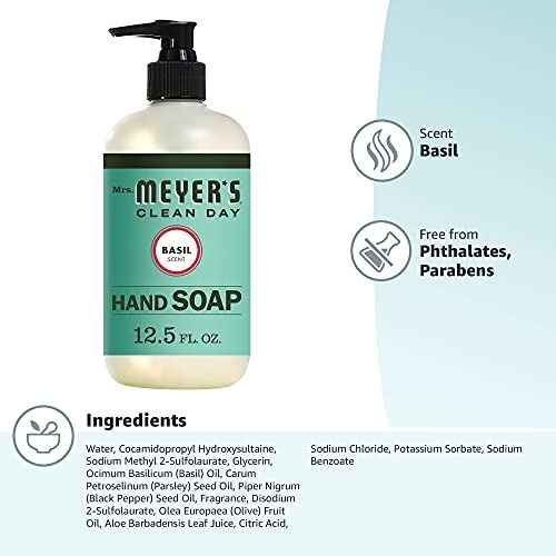 MRS. MEYER'S CLEAN DAY Hand Soap, Made with Essential Oils, Biodegradable Formula, Basil, 12.5 fl. oz (Pack of 4)