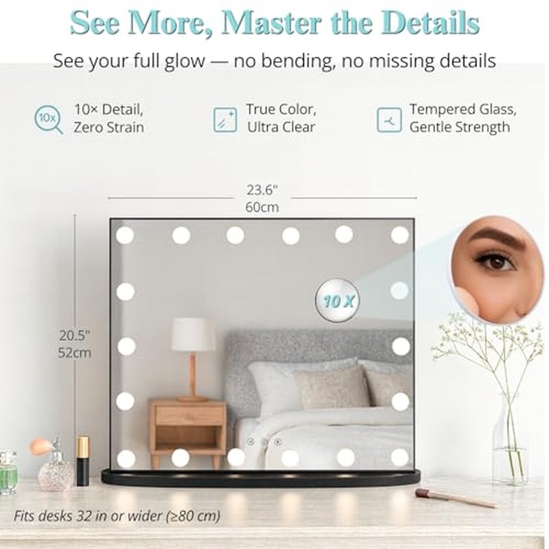 LUXFURNI 23.6" x 20.5" Hollywood Vanity Mirror with Lights, Light Up Makeup Mirror with 18 LED Bulbs for Bedroom, 3 Color Lighting Modes, Tabletop & Wall Mount, Black