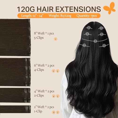 DOORES Clip in Hair Extensions Real Human Hair, Dark Brown 12 Inch 7pcs 80g, Remy Hair Extensions Clip in Human For Women Natural Silky Straight