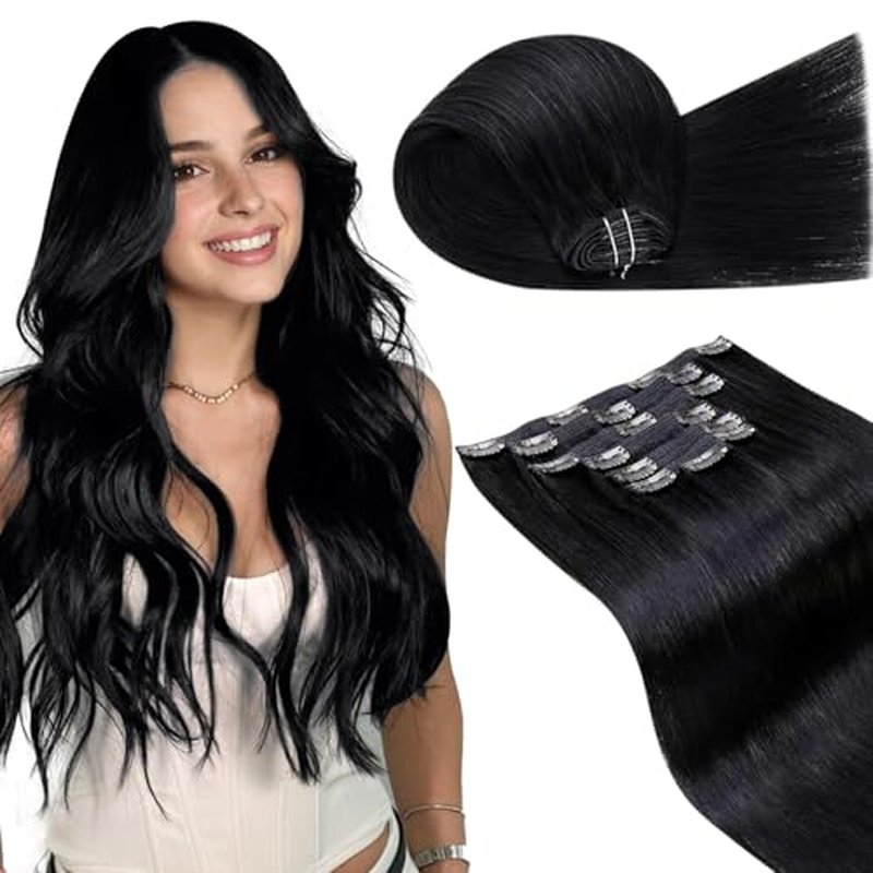 LaaVoo Hair Extensions Clip in Human Hair Black Real Human Hair Clip in Extensions 150g Jet Black 20 Inch 7pcs