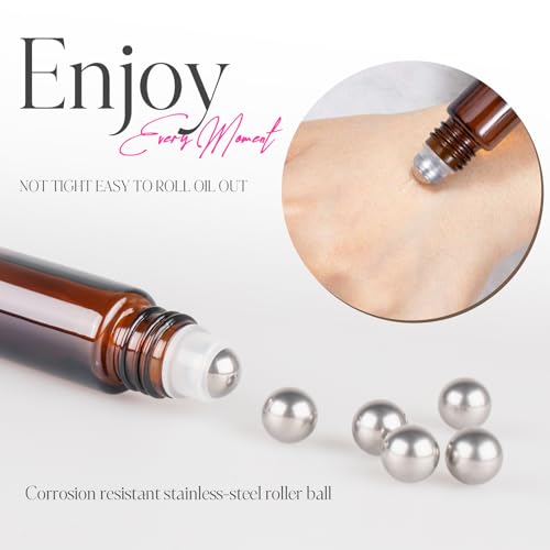 ZEJIA 10ml Roller Bottles for Essential Oils, 4 Pack Glass Roll on Bottles, Refillable Perfume Bottle, with Stainless Steel Roller Balls, 2 Droppers, 1 Opener, Labels (Amber)