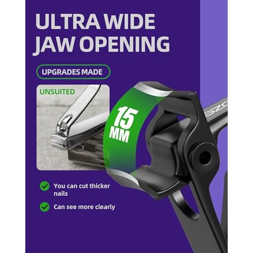 SZQHT Ultra Wide Jaw Opening Nail Clippers Set, Toenail Clippers for Thick Nails, Heavy Duty Nail Cutter, Stainless Steel Toe Nail Clippers for Seniors, Men & Women Manicure,Pedicure,Big(Black)