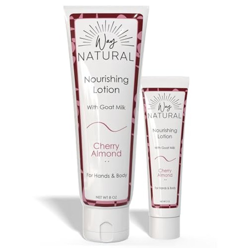 Nourishing Goat Milk Lotion, Cherry Almond - Home & Away Set, Natural Hand & Body Cherry Almond Lotion for Dry Skin - Goat Milk Hand Cream for Women & Men - 8oz & 2oz Travel Size Tube