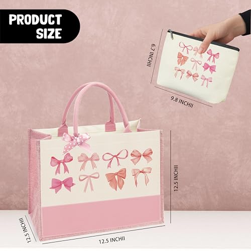 Bow Tote Bag Coquette Pink Bow Preppy Makeup Bag Set Cute Aesthetic Pink Bow Canvas Reusable Grocery Shopping Bag