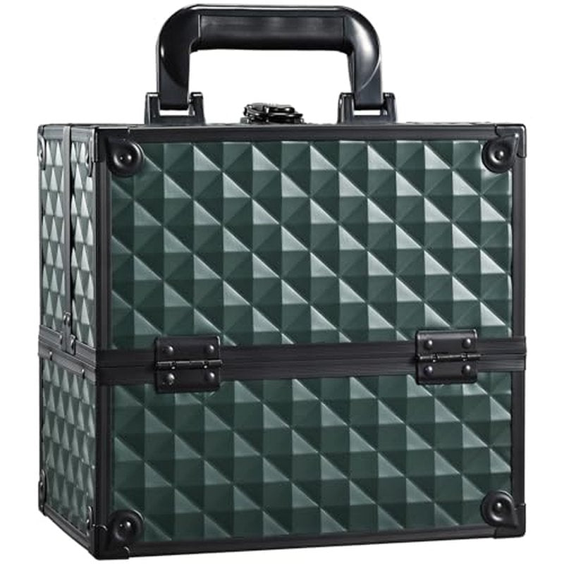 FRENESSA Makeup Case Makeup Box Cosmetic Train Cases Portable Make Up Artist Travel Case Storage Box 4 Trays with Dividers Lockable Hard Makeup Box Craft Nail Kits Case Drak Green