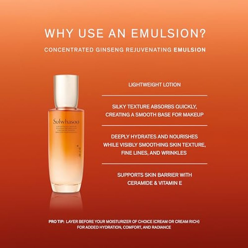 Sulwhasoo Concentrated Ginseng Rejuvenating Emulsion- Korean Ginseng & Peptide Face Lotion with Shea Butter to Help Smooth, Hydrate & Visibly Improve Wrinkes, 4.22 fl. oz.