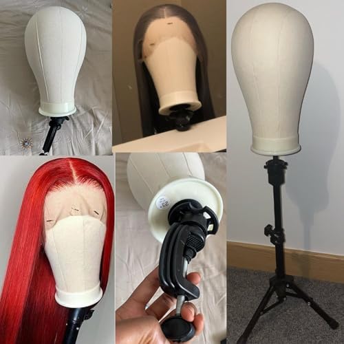 22 Inch Pink Canvas Wig Head with Stand Cork Canvas Mannequin Head with Wig Head Stand Manikin Head Block Set for Wigs Trimming Making Display with T Pins Set