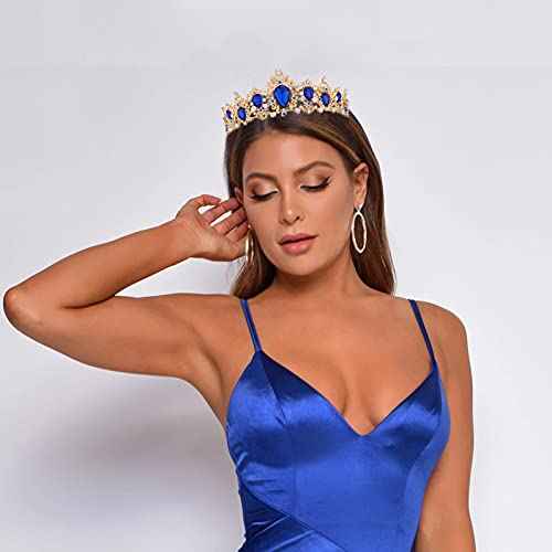 Audrey Descendants Costume Crown, Vofler Gold Tiara Royal Blue Crystal Headband Accessories for Women Queen Girl Bride Princess Quinceanera Birthday Wedding Pageant Prom Homecoming Halloween Party