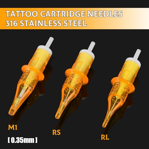 50pcs Mixed Tattoo Cartridge Needles, ATOMUS Assorted Disposable Tattoo Needle 3RL 5RL 7RL 9RL 3RS 5RS 7RS 9RS 5M1 7M1 for Tattoo Machine(Gold)