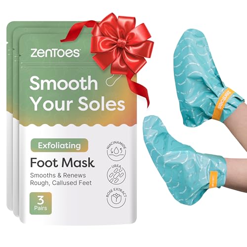 ZenToes Exfoliating Foot Mask for Dry Cracked Feet | Urea, Niacinamide & Rose Extract Infused No Harsh Foot Peeling Mask | Spa Experience At Home | Mess Free Design | Cucumber Rose Scented, 3 Pairs