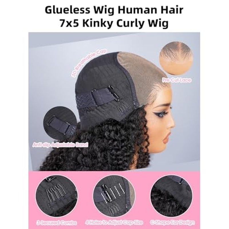 Kinky Curly Wear and Go Glueless Wigs Human Hair Pre Plucked Pre Cut 7x5 Lace Front Wig Pre Bleached Knots 180% Density Closure Wigs Human Hair for Women Natural Color 16 Inch