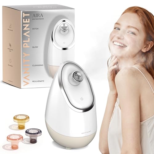 Vanity Planet Aira Ionic Facial Steamer (Beige) - Pore Cleaner That Detoxifies, Cleanses and Moisturizes - Adjustable Nozzle, Water Tank with 3 Essential Oil Baskets