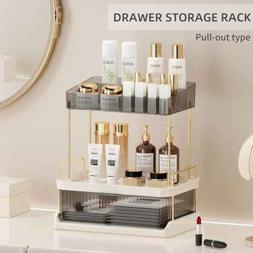 YCIA & DONE Bathroom Counter Organizer, Multi Makeup, Skincare, Perfume, Cosmetic, Vanity Countertop Organizer - Large Capacity, 2 Tier with Drawer - Easy to Install, Clean, Smoky Gray