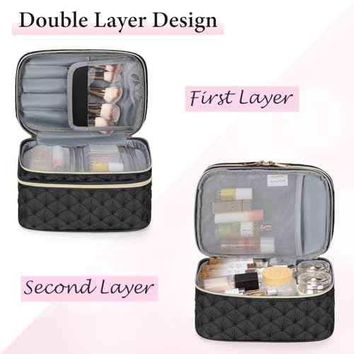 IGOLUMON Travel Makeup Bag Double Layer Make Up Bag Portable Large Cosmetic Bag Wide-open Toiletry Bag for Women Roomy Cosmetic Case Pouch Multifunction Organizer Storage Bag, Black