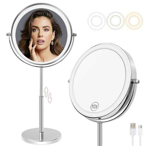 8¡±Large Makeup Mirror with Lights,1X/10X Rechargeable True Height Adjustable HD Magnifying Mirror with 3 Color Dimmable Lights,360¡Æ Rotation Double Sided Vanity Makeup Mirror,Gift for Women (Silver)