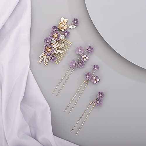 Rhinestone Flower Hair Pieces Bridal Purple Flower Hairpins Hair Comb Set for Bride Bridesmaid£¨4pcs£©