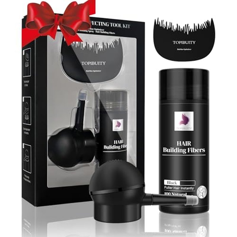 Hair Thickening Fibers & Applicator Set - Natural Long-Lasting Concealer for Fuller Hair, Thicker Beard & Crisp Hairlines (BLACK)