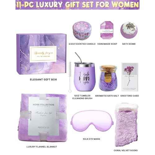 Spa Gift Baskets for Women - 12-Piece Self Care Kit with Soy Candle, Bath Salts, Purple Blanket, Insulated Tumbler, Eye Mask & More ? Unique Mothers Day, Birthday, or Get Well Soon Gifts for Women