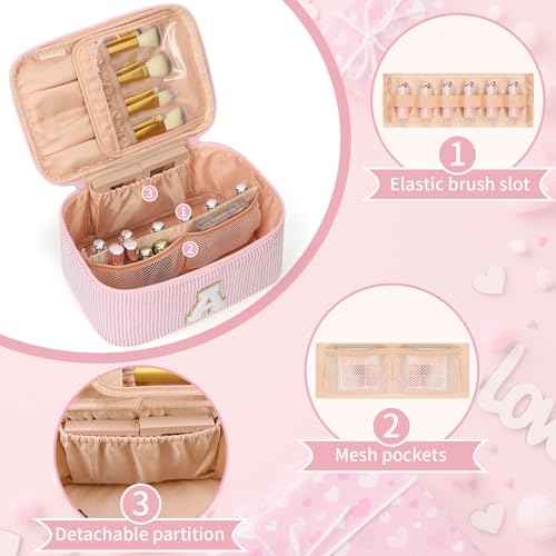 OCHEAL Makeup Bag for Women, Monogram Cosmetic Bag with Brush Holder, Pink Travel Makeup Case Beauty Toiletry Bag Organizer Personalized Gifts for Girls Bridesmaid, Sister, Wife, Friends Initial A