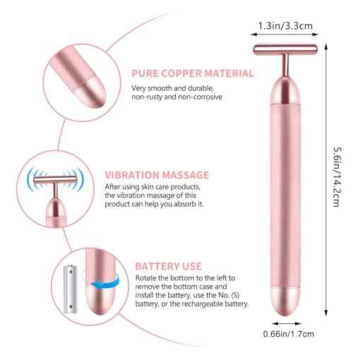 2 Pack T Shape Face Massager Beauty Bar Golden & Pink Facial Massager, Portable Electric Vibration Face Neck Body Massager for Firming Lifting Anti Aging Skin Tightening Wrinkle Reducing