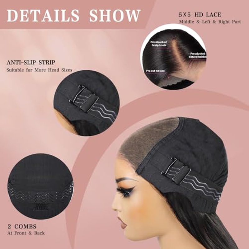 26 Inch 5x5 HD Lace Closure Wigs Human Hair Wear and Go Glueless Wigs Human Hair Pre Plucked Pre Cut for Beginners Body Wave Lace Front Wigs for Women 180% Density Natural Black
