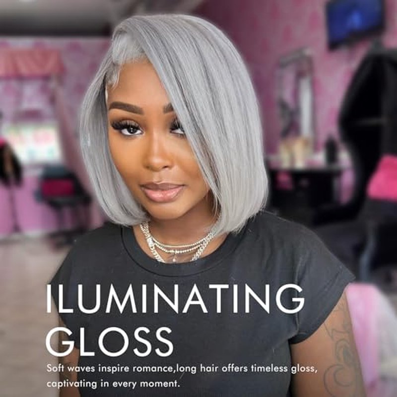 Grey 13x4 Bob Straight Lace Front Wigs Human Hair 180 Density UHD Transparent Lace Front Wigs Human Hair Pre Plucked Pre Cut Lace Glueless Wig Virgin Colored HumanHair Wigs For Women 10Inch