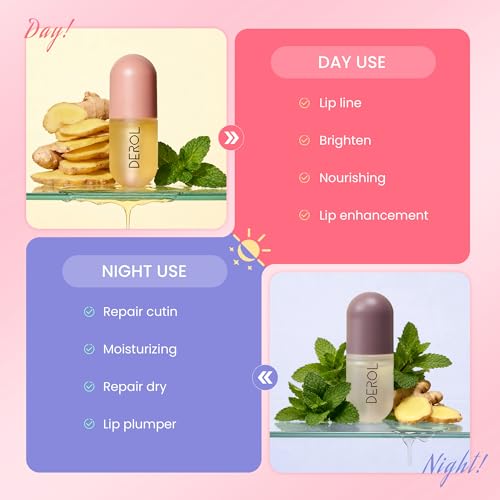 DEROL Lip Plumper by Vafee, Natural Lip Plumper and Lip Care Serum, Lip Enhancer for Fuller, Lip Mask, Beautiful Fuller, Hydrating & Reduce Fine Lines 5.5ML (Day& Night)