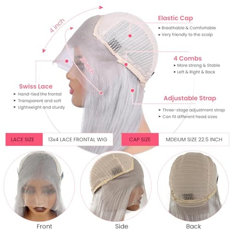 Smartinnov Silver Lace Front Wigs Human Hair 20 Inch for Women Platinum Grey Straight Real Hair Pre Plucked 150% Density 13¡¿4 HD Transparent Lace Frontal Wig Glueless Grey Lace Front Wigs for Women