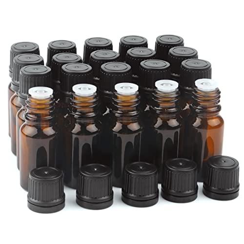 10 ml(1/3 oz) Sample Glass Bottles For Essential Oils 20 Pcs Empty Glass Dropper Vials With Orifice Reducers For DIY Perfume Aromatherapy Fragrance Cosmetic Oils (amber)