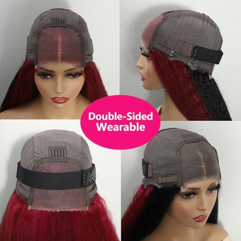 Wear and Go Glueless Wigs Human Hair Pre Plucked Pre Cut Double Wear Wig Kinky Straight 4x4 HD Lace Yaki Straight Human Hair Wigs for Black Women 180% Density 28 Inch (Red and Black)