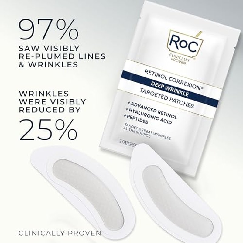 RoC Retinol Correxion Deep Wrinkle Non-Invasive Targeted Patches with Hyaluronic Acid + Firming Peptides for Forehead, 11 Lines, Crow¡¯s Feet and Laugh Lines, (6 Patches) with Retinol Eye Packette