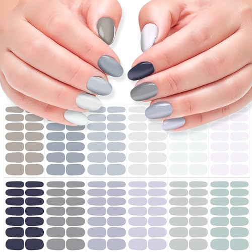 DANNEASY 12 Sheets Nail Stickers Full Nail Wraps Solid Color Nail Polish Stickers Fingernails Wraps for Women Self Adhesive Nail Polish Strips with Nail File, Cuticle Stick - Gray