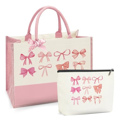 Bow Tote Bag Coquette Pink Bow Preppy Makeup Bag Set Cute Aesthetic Pink Bow Canvas Reusable Grocery Shopping Bag