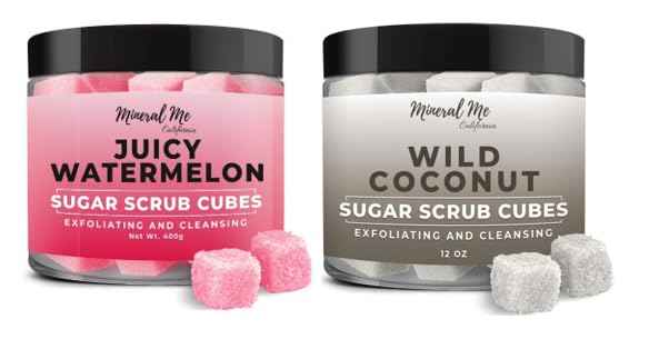 Body Scrub Exfoliator - 12oz WATERMELON Sugar scrub cubes w/Mango Butter & Shea butter, Body Scrub Exfoliator - 12oz COCONUT Sugar scrub cubes, Natural & Organic for all body exfoliation