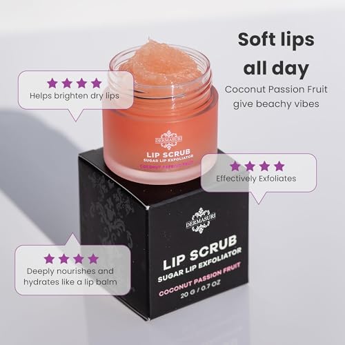 Dermasuri - Lip Exfoliator Scrub & Moisturizer - Sugar Scrubs for Soft Smooth Lips, Overnight Hydration, Brighten Dark Lips - Stocking Stuffer Gifts for Women - Coconut Passion Fruit Flavor- 20g/0.7oz