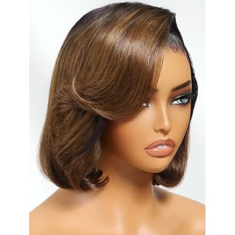 Beauty Forever Side Part Bob Wig Human Hair Ombre Chestnut Brown Glueless HD Lace Bob Drawstring Wig with Face Framing Bangs 150% Density 10 Inches Pre Cut Plucked Bye Bye Knots Ready to Go Short Wig