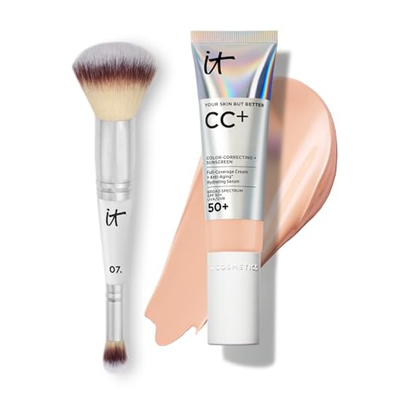 IT Cosmetics CC+ Cream SPF 50+ - Full Coverage Foundation with Natural Finish | Light Cool 1.08 fl oz & Concealer Brush #7 for Blending