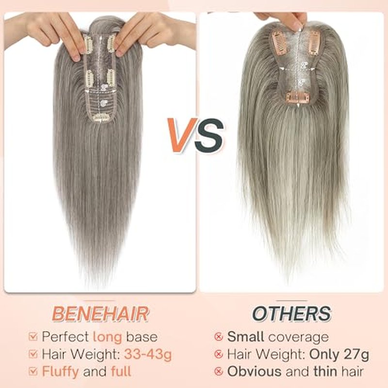 Benehair Human Hair Toppers for Women Clip in Hair Toppers for Daily Use 2 * 6cm Hand Made Lace Base Long Coverage Natural Hairpiece Wiglet #Gray 10Inch