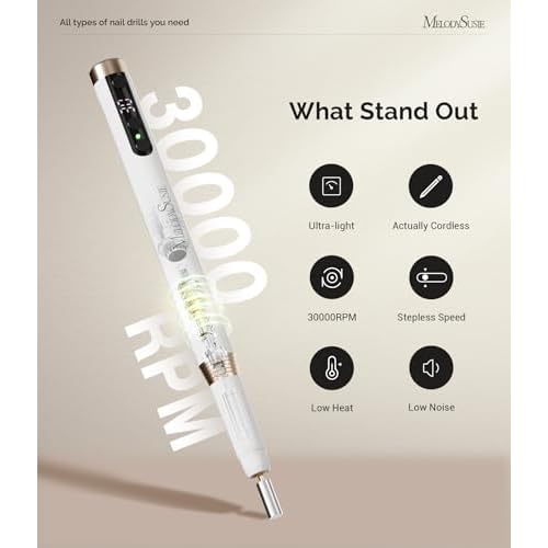 MelodySusie Manicure Cordless Nail Drill PM170F White, 30,000RPM Ultra Fine Portable Electric Nail File, Low Noise & Low Vibration, Coreless Motor with Bits & Ultra Fine Sanding Bands for Beginners