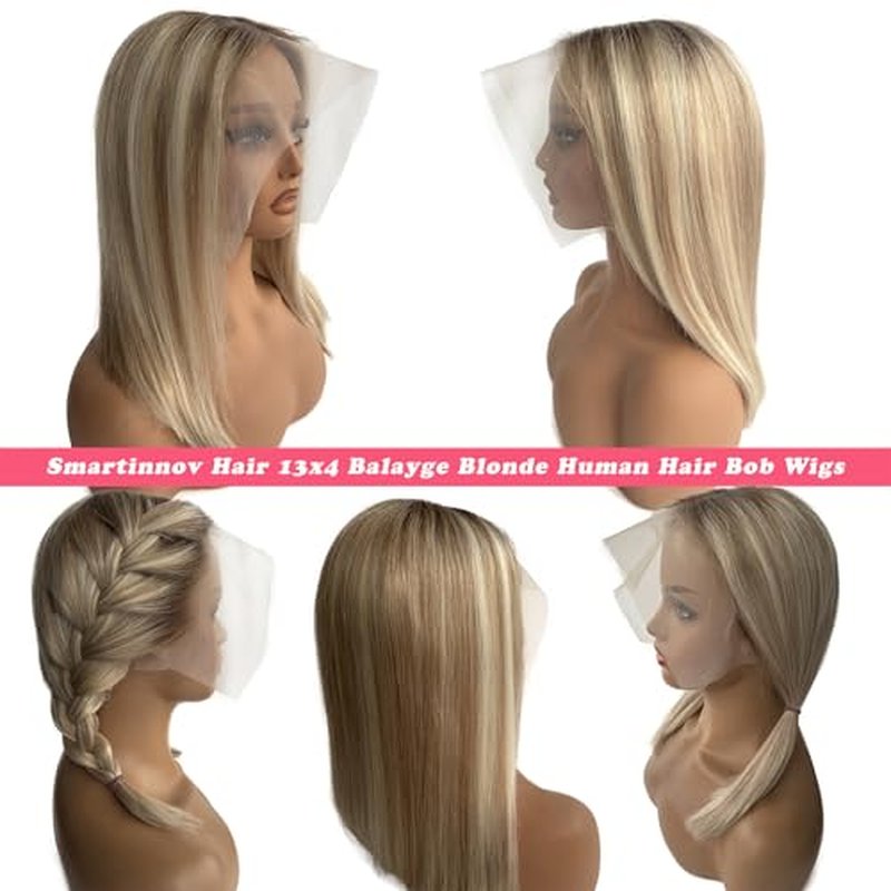 Smartinnov Balayage Blonde Bob Wig Human Hair 13x6 HD Transparent Lace Wigs 10 Inch Platimun Blonde Highlight Virgin Hair Middle Part 180% Density Pre Plucked Short Bob Wigs for Women Tiny Knots