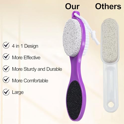 Pumice Stone Brush for Feet 4 in 1, Foot File Callus Remover, Foot Rasp and Sand Paper Pedicure Tools with Handle, Shower Foot Scrubber, Soft Smooth Feet for Home Foot Care,2 Pack