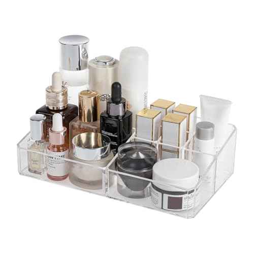 Yesesion Plastic Makeup Storage Organizer, Clear Cosmetics Display Case for Bathroom Counter, Dresser, Small Vanity Holder for Beauty Supplies, Makeup Brushes, Perfume, Lipsticks (8 Compartment)